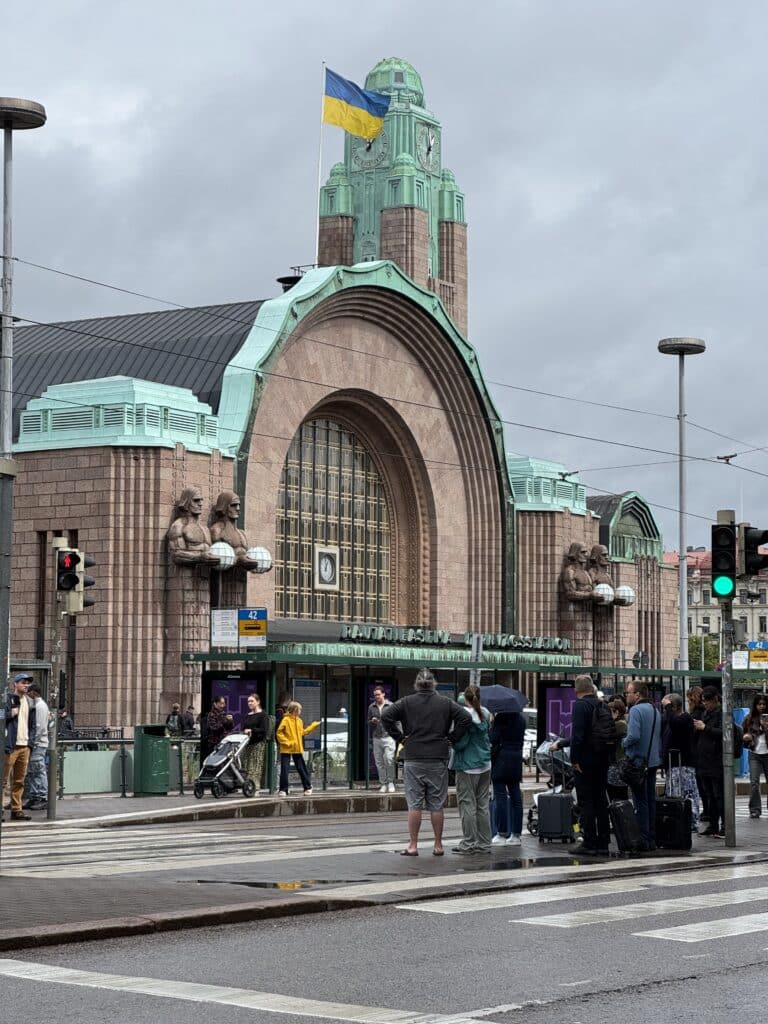 Helsinki Central Station with Ukrainian flag