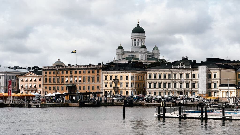 Helsinki skyline from the water with the Cathedral in the background.