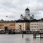 Helsinki skyline from the water with the Cathedral in the background.