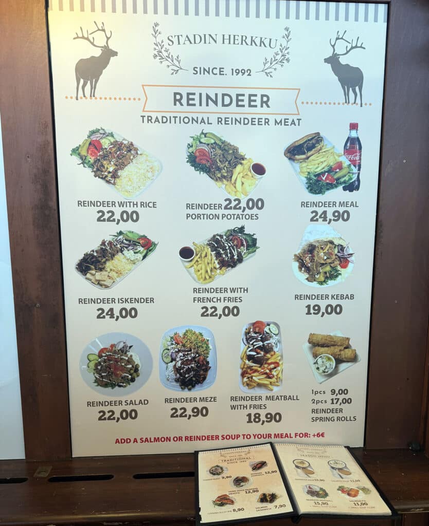 Reindeer meat menu board at Stadin Herkku stall in Hakaniemi Market Hall, Helsinki