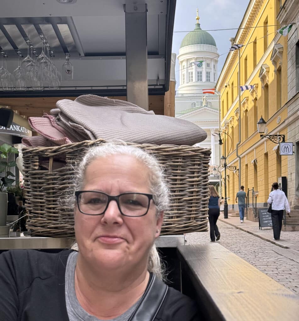 Selfie at Pizzeria Via Tribunali with Helsinki Cathedral's dome visible down the street