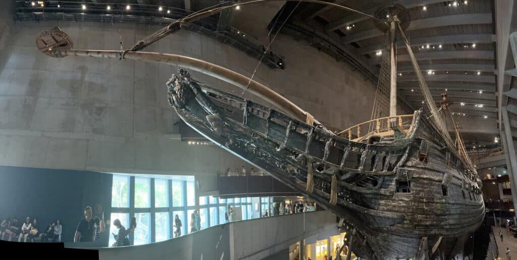 Bow of the 17th century Vasa warship towering inside the Stockholm Vasa Museum