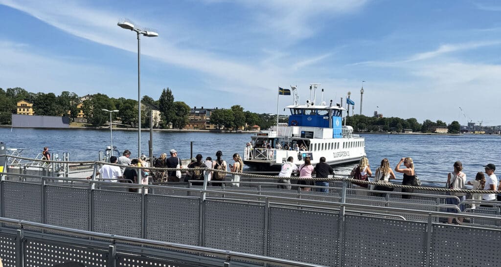 Close up of the Djurgården 11 ferry hull and bow docked at Slussen