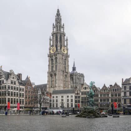 Grote Markt in Antwerp with the cathedral tower rising behind the guild houses and the Brabo Fountain in the square