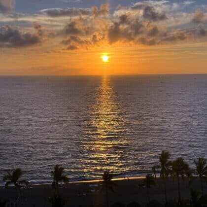 Golden sunset reflecting over the ocean water with palm trees on the beach below at Sheraton Buganvilias Puerto Vallarta.