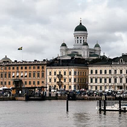 Helsinki skyline from the water with the Cathedral in the background.