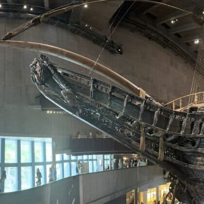 Bow of the 17th century Vasa warship towering inside the Stockholm Vasa Museum